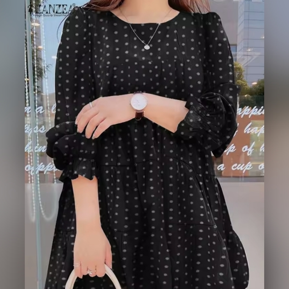 Zanzea Black and White Polka Dot Long Sleeve Blouse Size 4XL